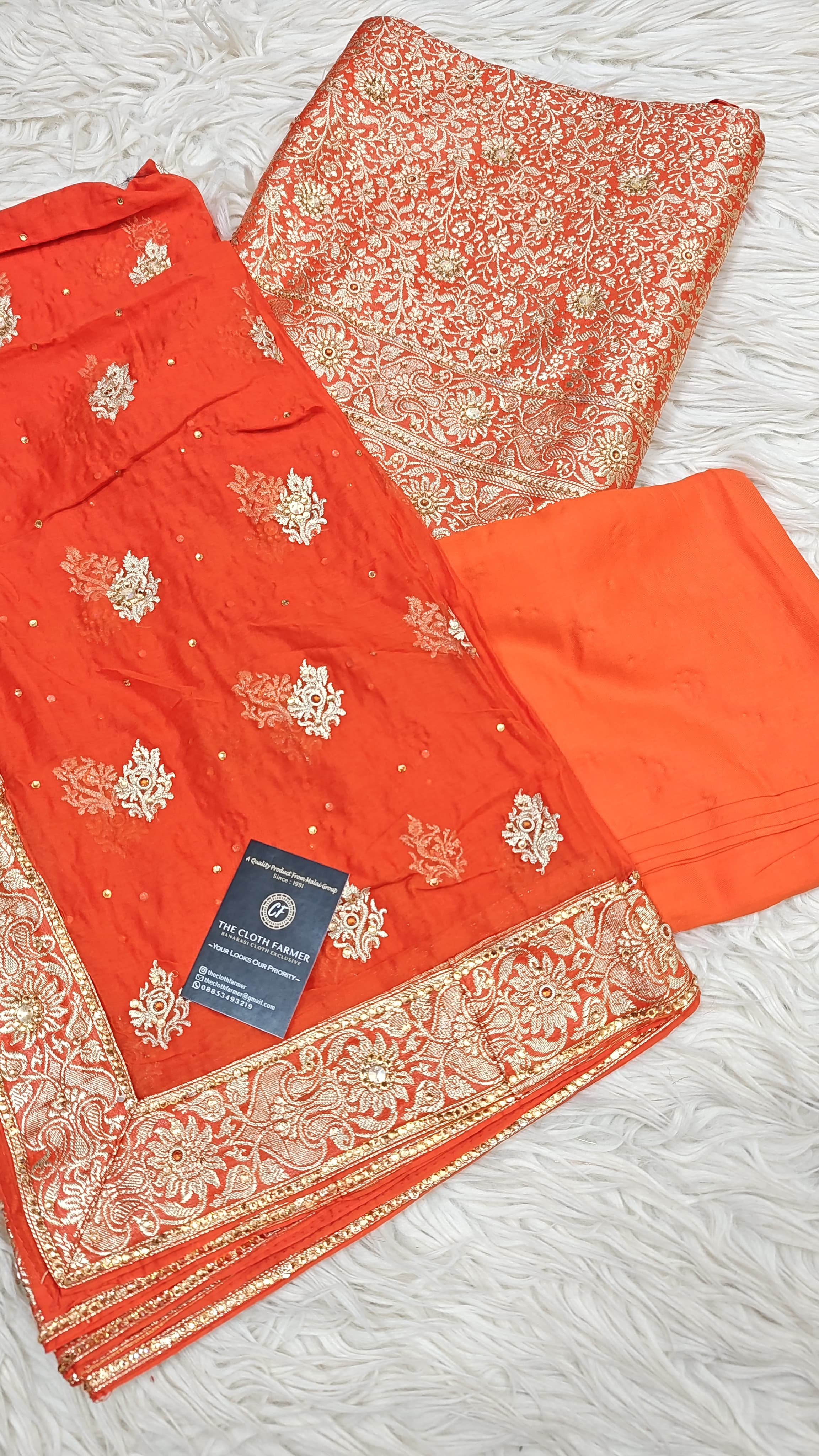 Bright Orange Banarasi Kimkhab Silk 3 Piece Suit