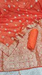 Bright Orange Banarasi Kimkhab Silk 3 Piece Suit