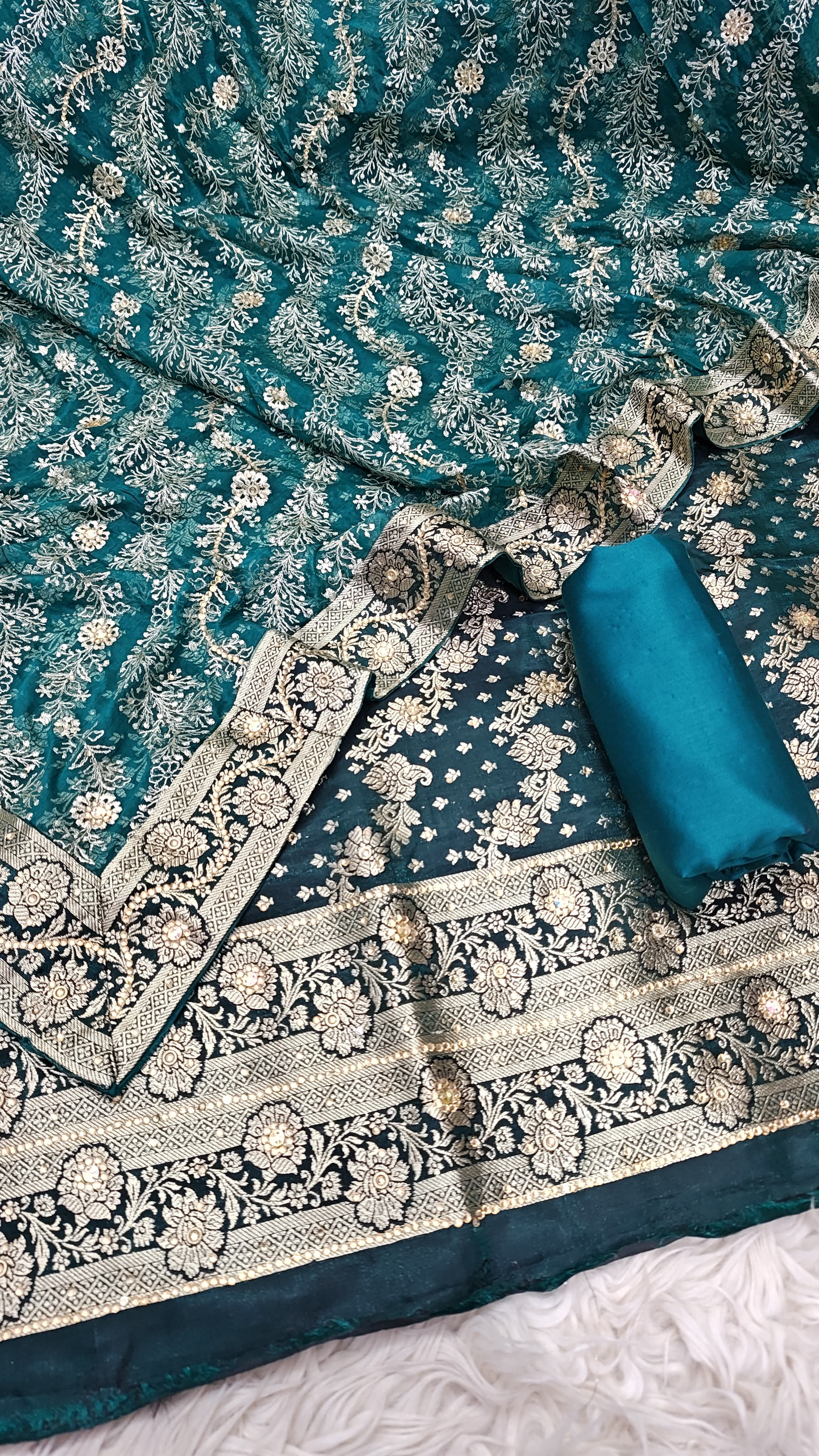 Viridian Green Bright Orange Banarasi Kimkhab Silk 3 Piece Suit