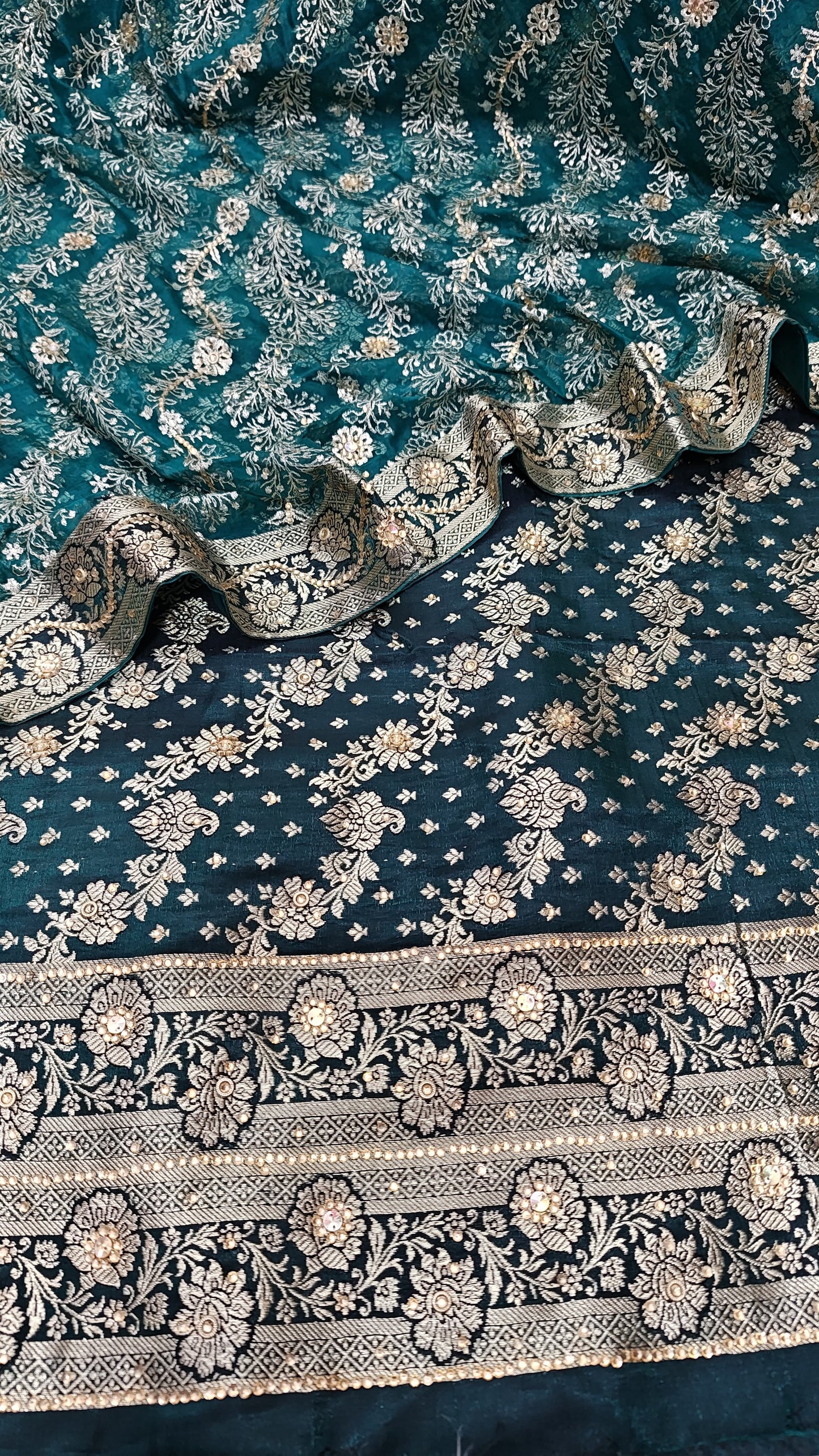 Viridian green banarsi kimkhab 3 piece suit