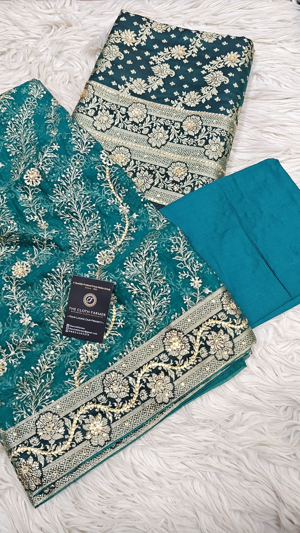 Viridian Green Bright Orange Banarasi Kimkhab Silk 3 Piece Suit