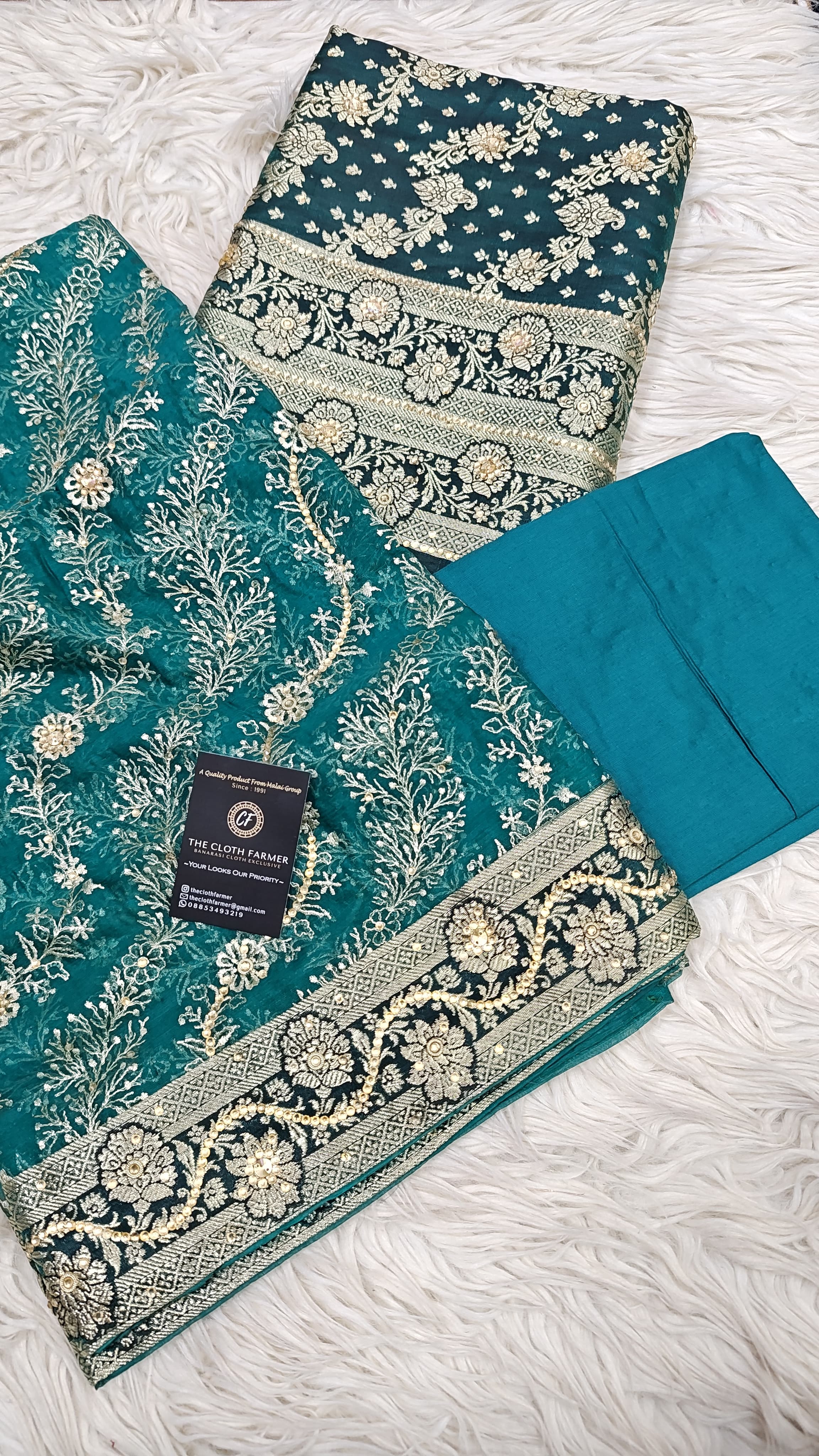Viridian Green Bright Orange Banarasi Kimkhab Silk 3 Piece Suit