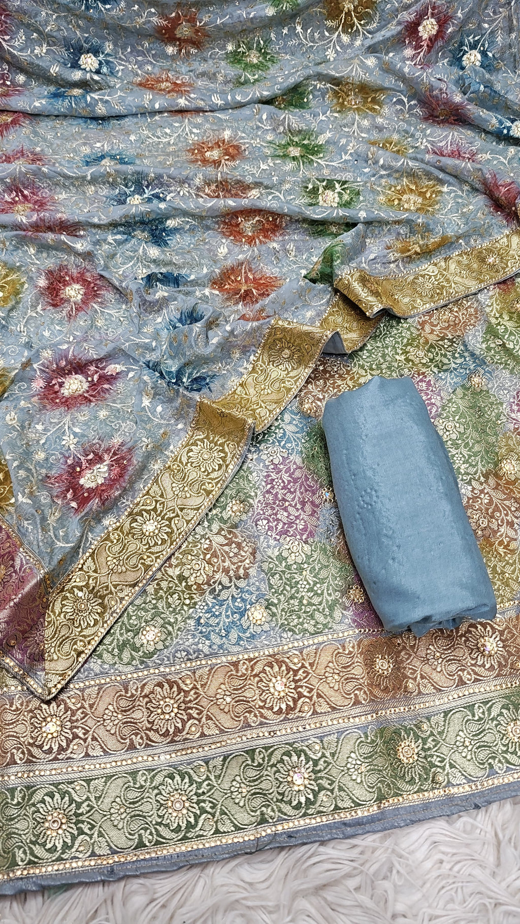 Brigh Denim Banarasi Kimkhab Silk 3 Piece Suit