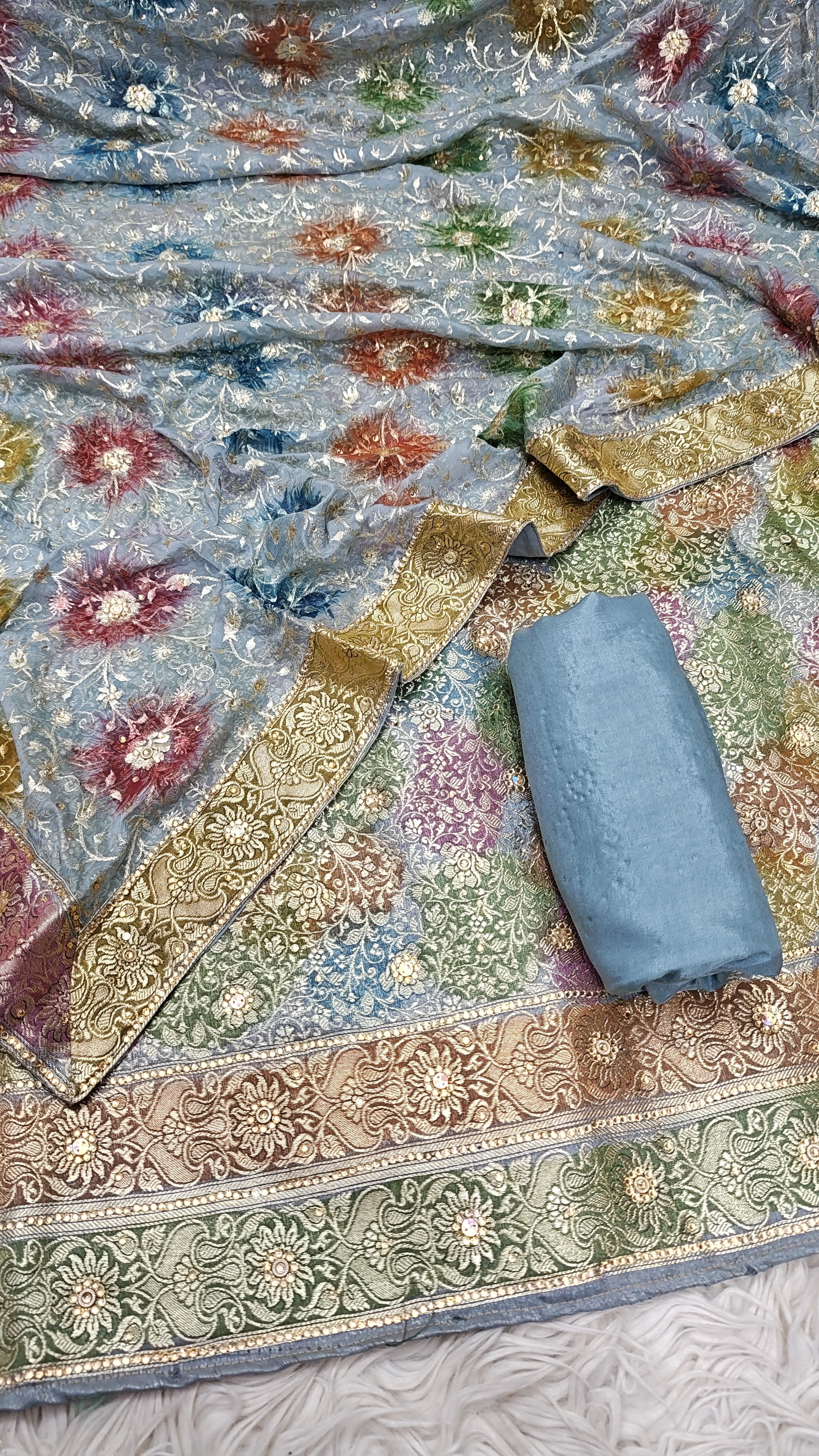 Brigh Denim Banarasi Kimkhab Silk 3 Piece Suit