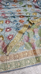 Brigh Denim Banarasi Kimkhab Silk 3 Piece Suit