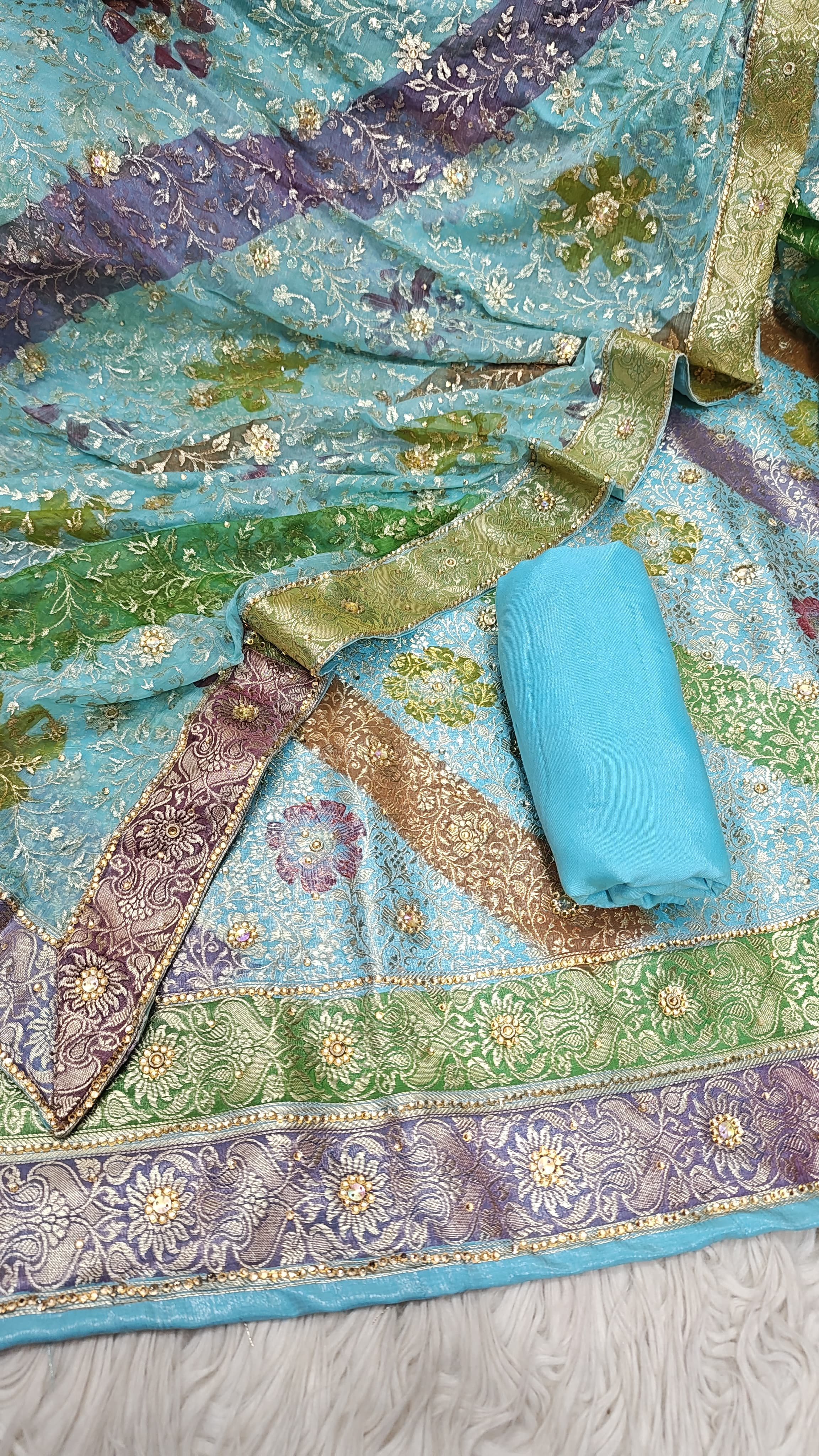 Sky Blue Banarasi Kimkhab Silk 3 Piece Suit