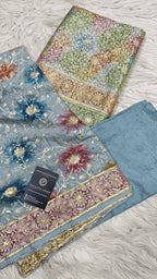 Brigh Denim Banarasi Kimkhab Silk 3 Piece Suit