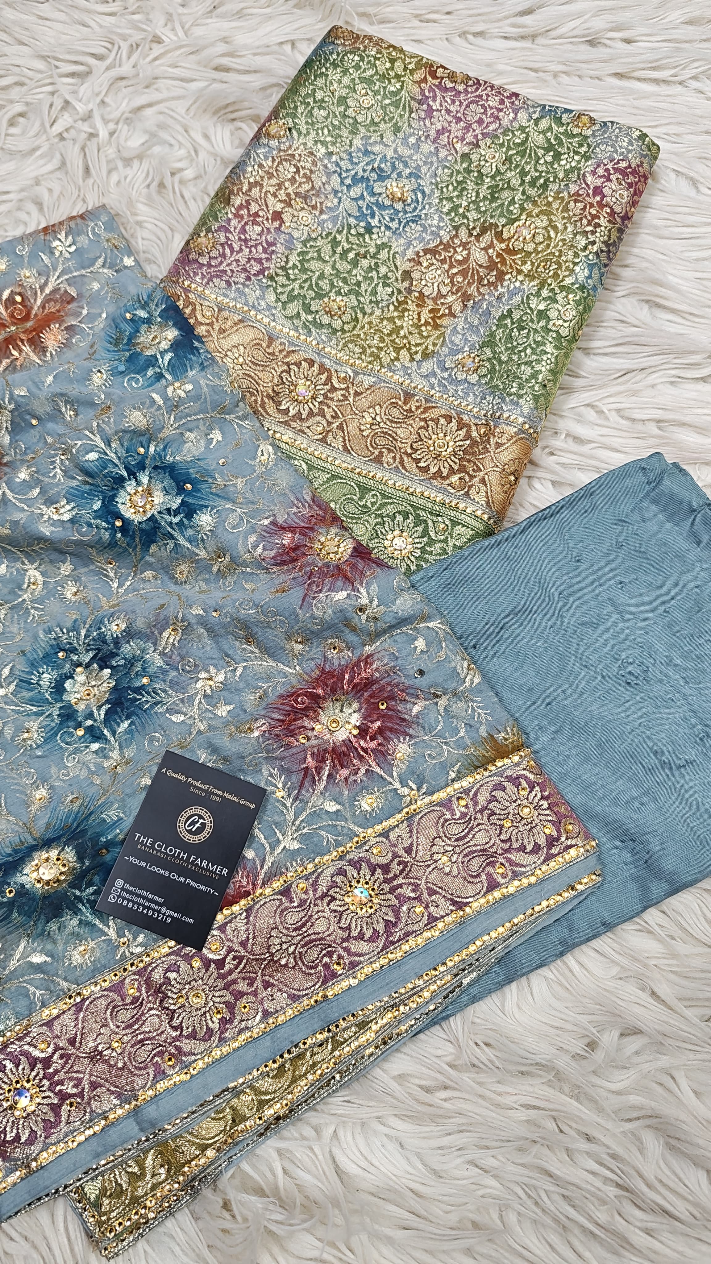 Brigh Denim Banarasi Kimkhab Silk 3 Piece Suit