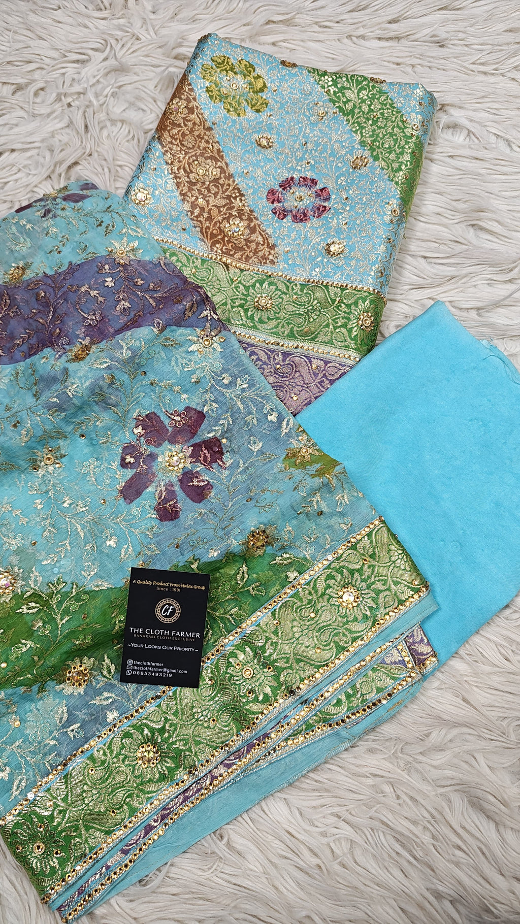 Sky Blue Banarasi Kimkhab Silk 3 Piece Suit