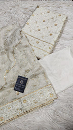Off White Banarasi Kimkhab Silk 3 Piece Suit