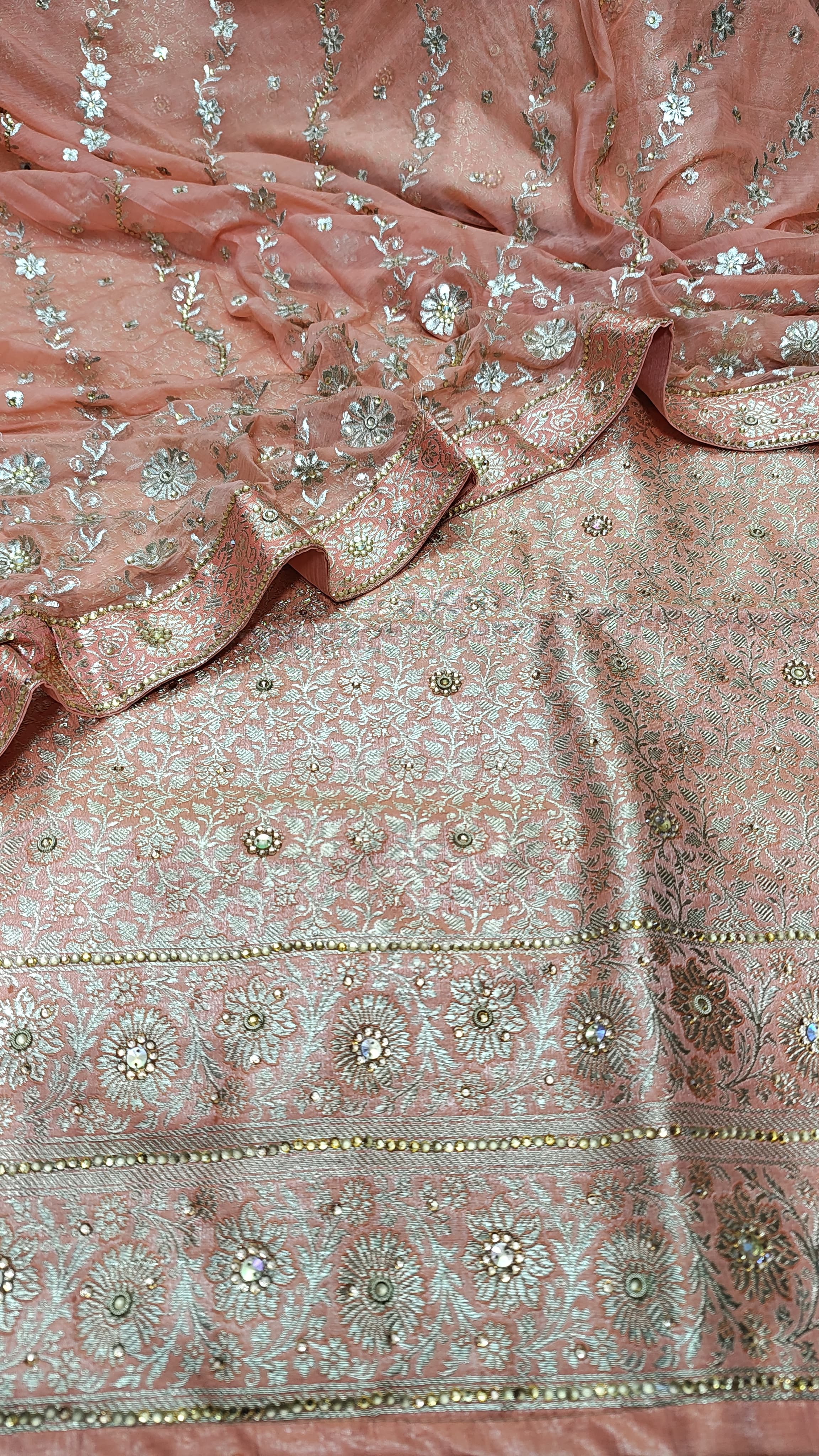 Candle Light Peach Banarasi Kimkhab Silk 3 Piece Suit