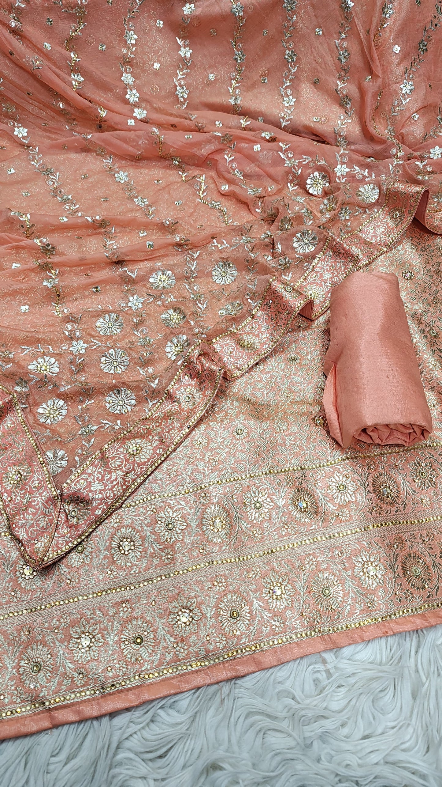Candle Light Peach Banarasi Kimkhab Silk 3 Piece Suit