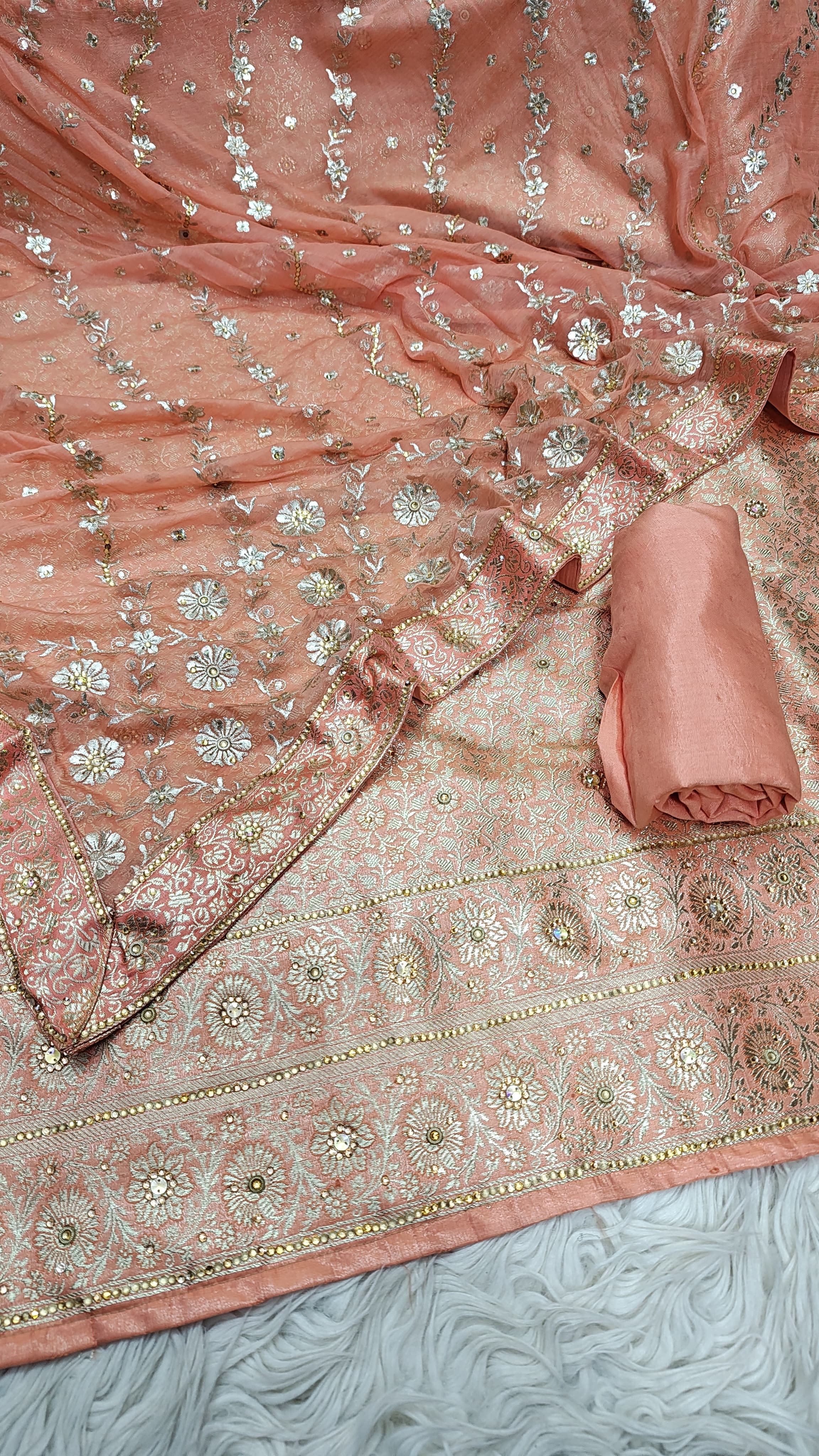 Candle Light Peach Banarasi Kimkhab Silk 3 Piece Suit