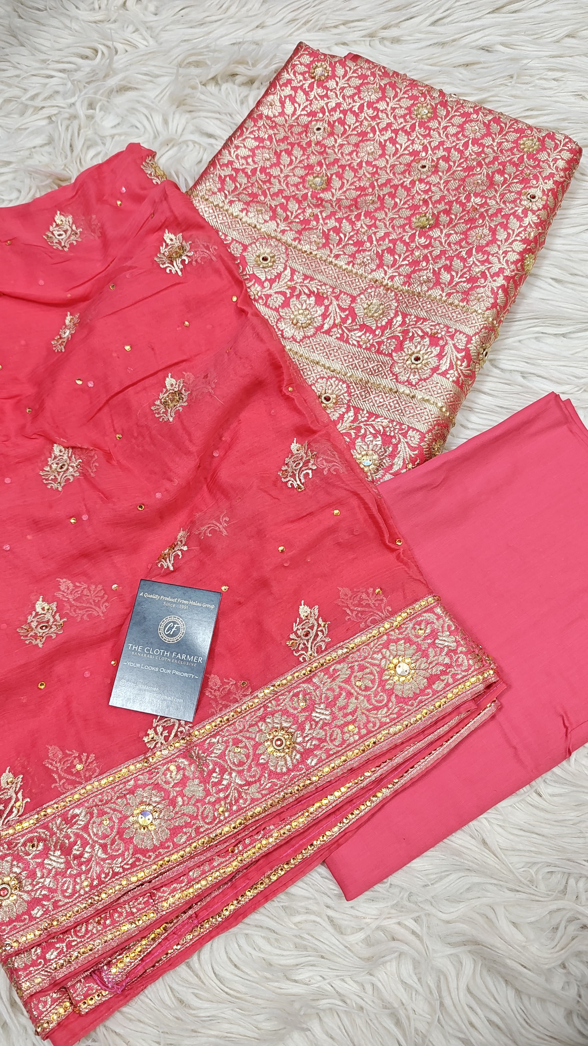 Strawberry Banarasi Kimkhab Silk 3 Piece Suit