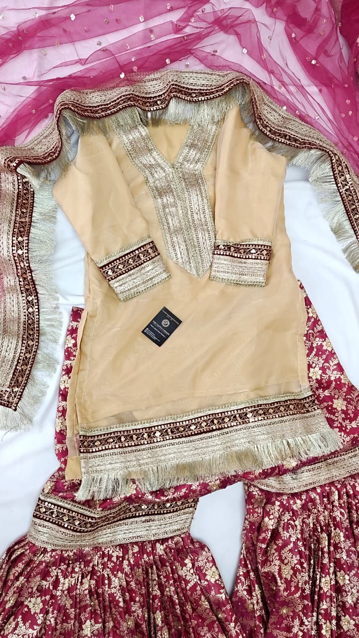 DARK ORCHID KIMKHAB GHARARA WITH TISSUE SILK KURTI