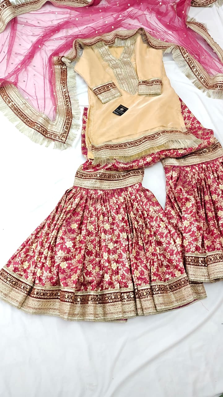 DARK ORCHID KIMKHAB GHARARA WITH TISSUE SILK KURTI
