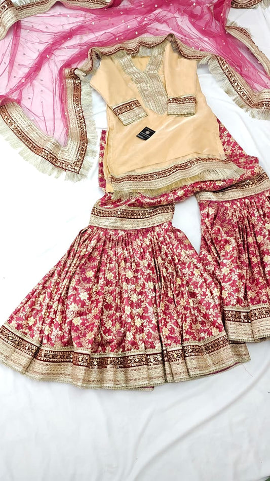 DARK ORCHID KIMKHAB GHARARA WITH TISSUE SILK KURTI