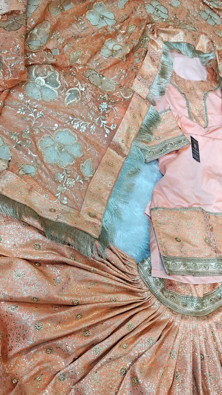 PEACH KIMKHAB GHARARA WITH DESIGNER DUPATTA AND RICH STONE WORK