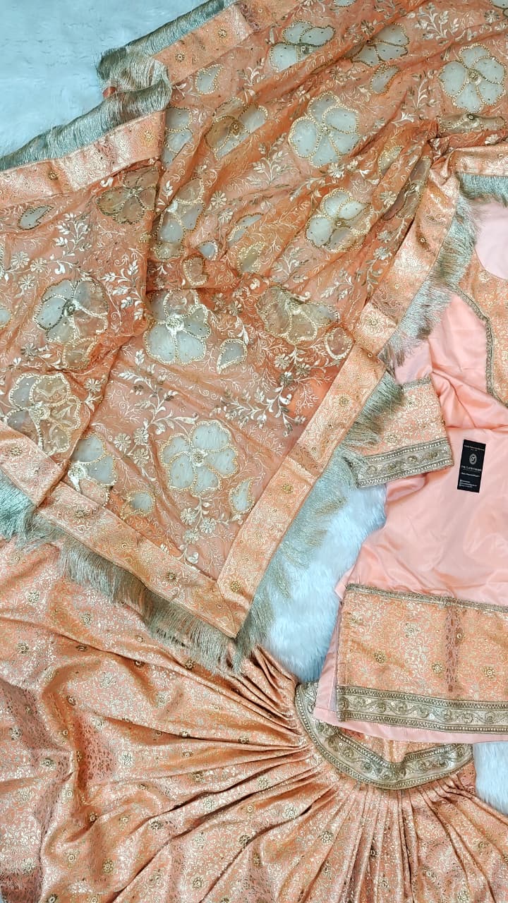 PEACH KIMKHAB GHARARA WITH DESIGNER DUPATTA AND RICH STONE WORK