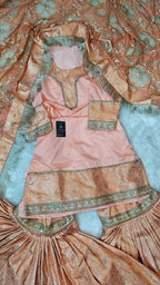 PEACH KIMKHAB GHARARA WITH DESIGNER DUPATTA AND RICH STONE WORK