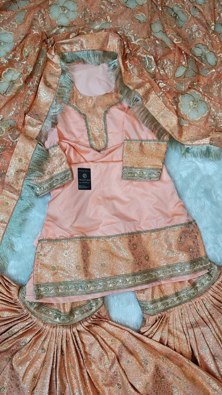 PEACH KIMKHAB GHARARA WITH DESIGNER DUPATTA AND RICH STONE WORK
