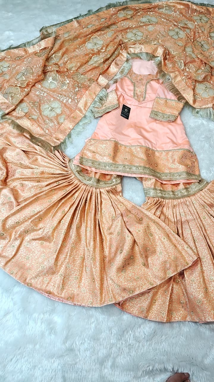 PEACH KIMKHAB GHARARA WITH DESIGNER DUPATTA AND RICH STONE WORK