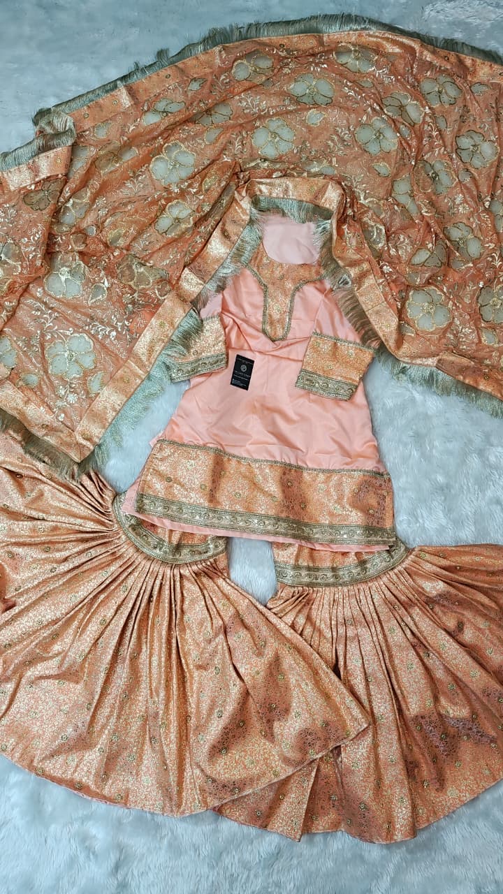 PEACH KIMKHAB GHARARA WITH DESIGNER DUPATTA AND RICH STONE WORK