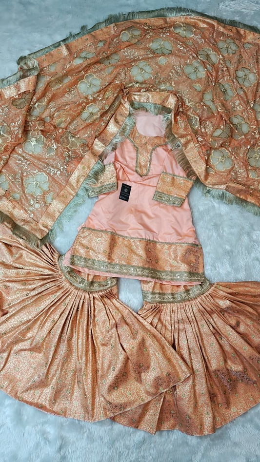 PEACH KIMKHAB GHARARA WITH DESIGNER DUPATTA AND RICH STONE WORK