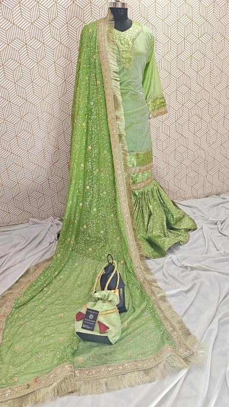 ANGURI COLOR BANARASI KIMKHAB GHARARA WITH MATCHING LASES ON DUPATTA