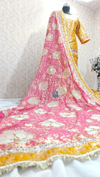 MUSTARD/STRAWBERRY PINK KIMKHAB GHARARA WITH BRIDAL TOUCH BORDER