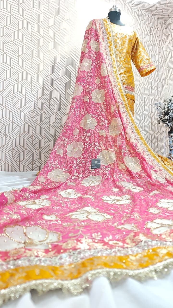 MUSTARD/STRAWBERRY PINK KIMKHAB GHARARA WITH BRIDAL TOUCH BORDER