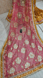 MUSTARD/STRAWBERRY PINK KIMKHAB GHARARA WITH BRIDAL TOUCH BORDER