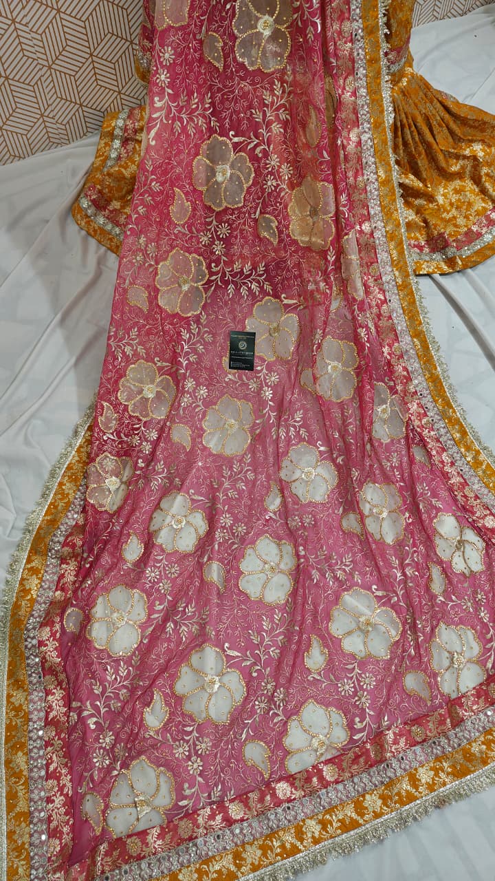 MUSTARD/STRAWBERRY PINK KIMKHAB GHARARA WITH BRIDAL TOUCH BORDER