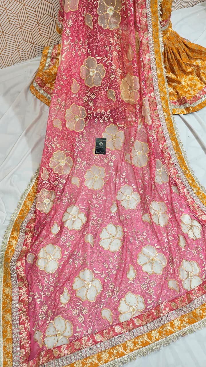 MUSTARD/STRAWBERRY PINK KIMKHAB GHARARA WITH BRIDAL TOUCH BORDER