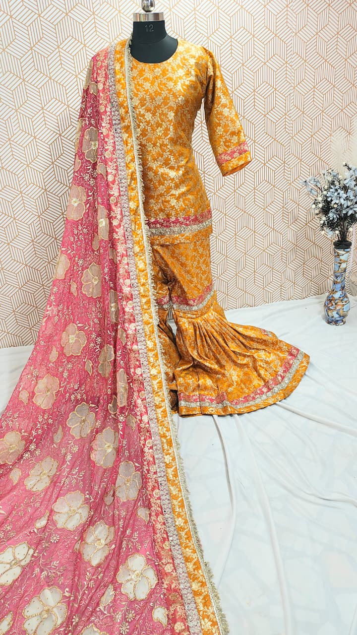 MUSTARD/STRAWBERRY PINK KIMKHAB GHARARA WITH BRIDAL TOUCH BORDER