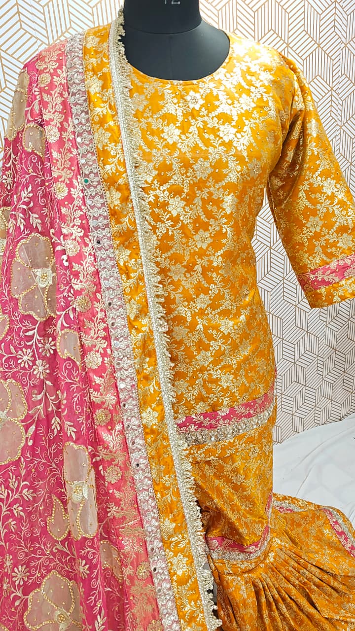 MUSTARD/STRAWBERRY PINK KIMKHAB GHARARA WITH BRIDAL TOUCH BORDER