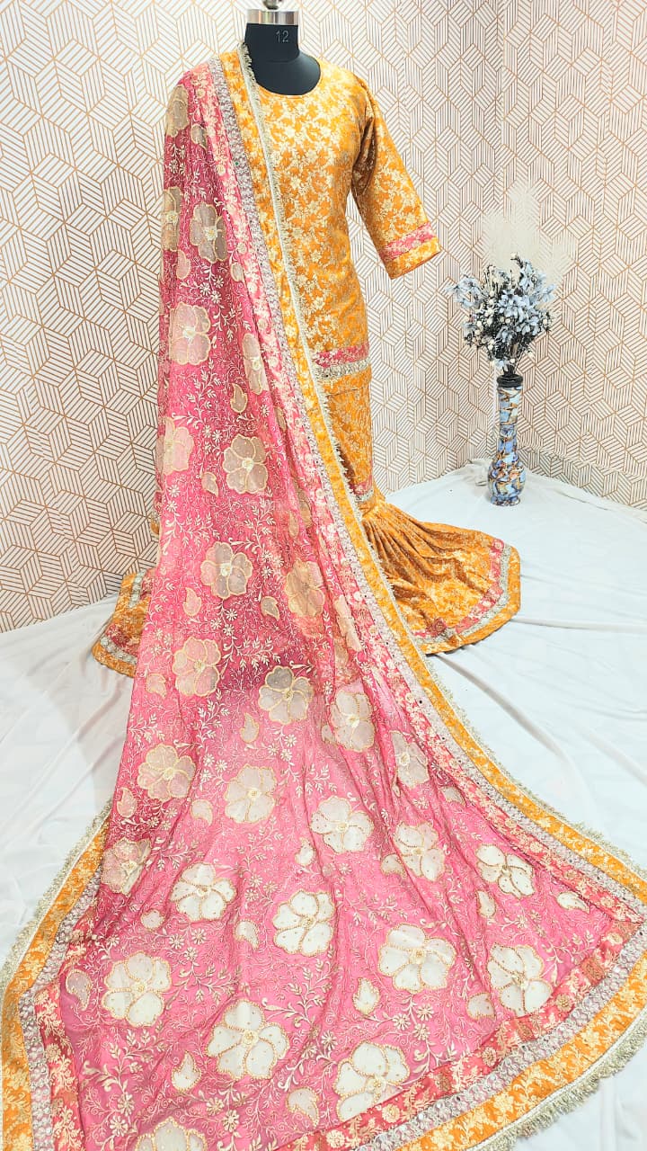 MUSTARD/STRAWBERRY PINK KIMKHAB GHARARA WITH BRIDAL TOUCH BORDER
