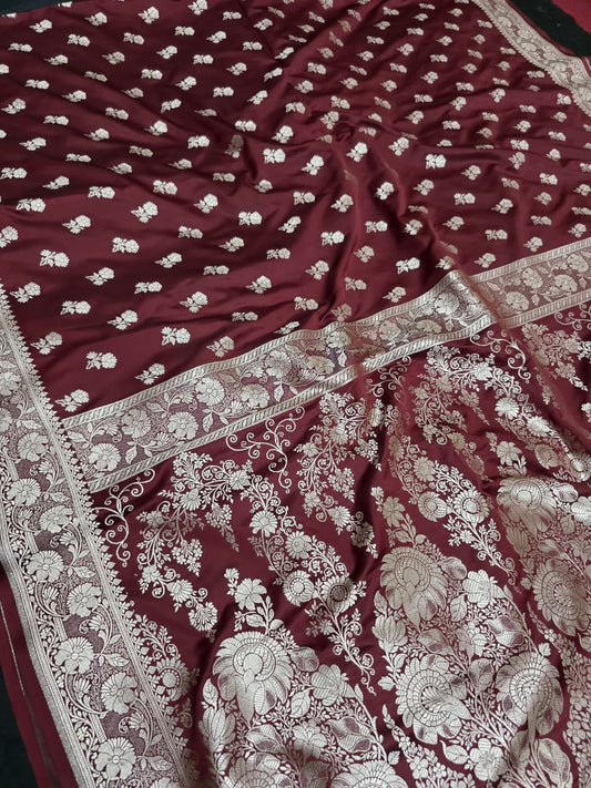 DARK MAROON MASHRU SILK SAREE WITH FLORAL BOOTI PATTERN