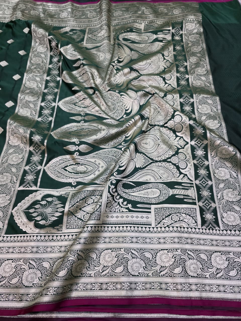 BOTTLE GREEN MASHRU SILK SAREE WITH BOOTI AND TANCHUI PATTERN