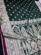 BOTTLE GREEN MASHRU SILK SAREE WITH BOOTI AND TANCHUI PATTERN