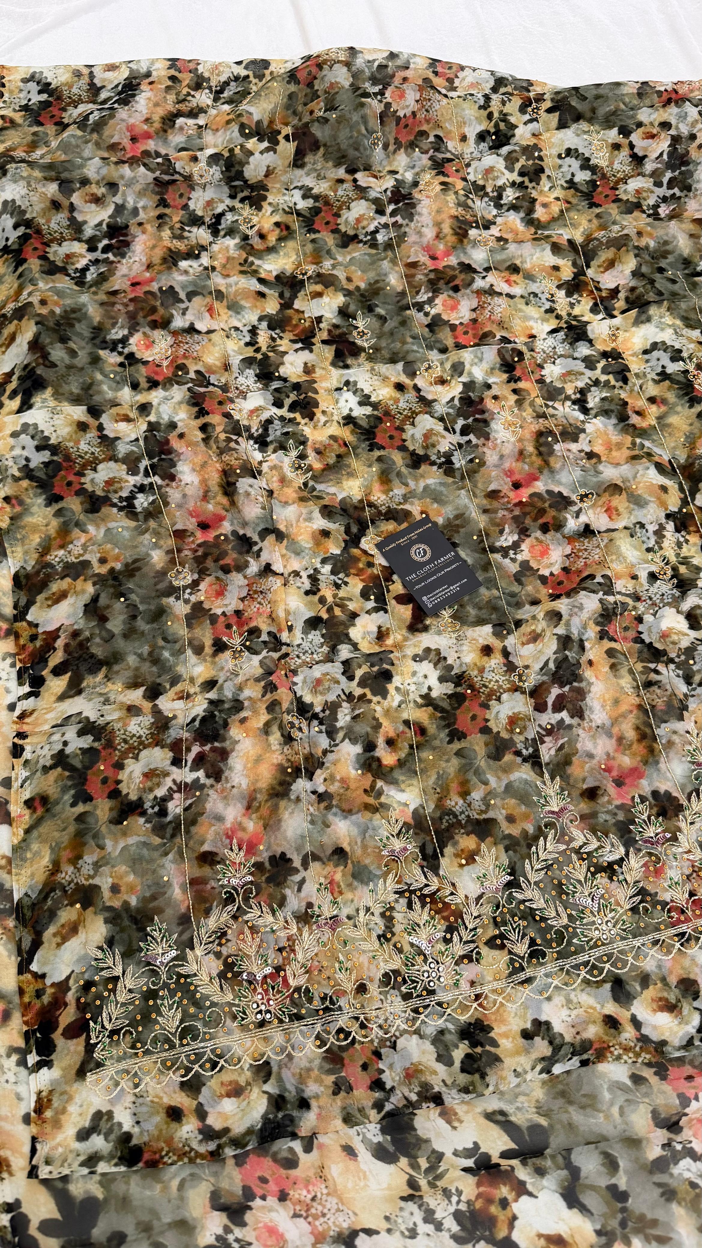 PRINTED CONTRAST SHADE SILKY ORGANZA SILK 3 PIECE SUIT