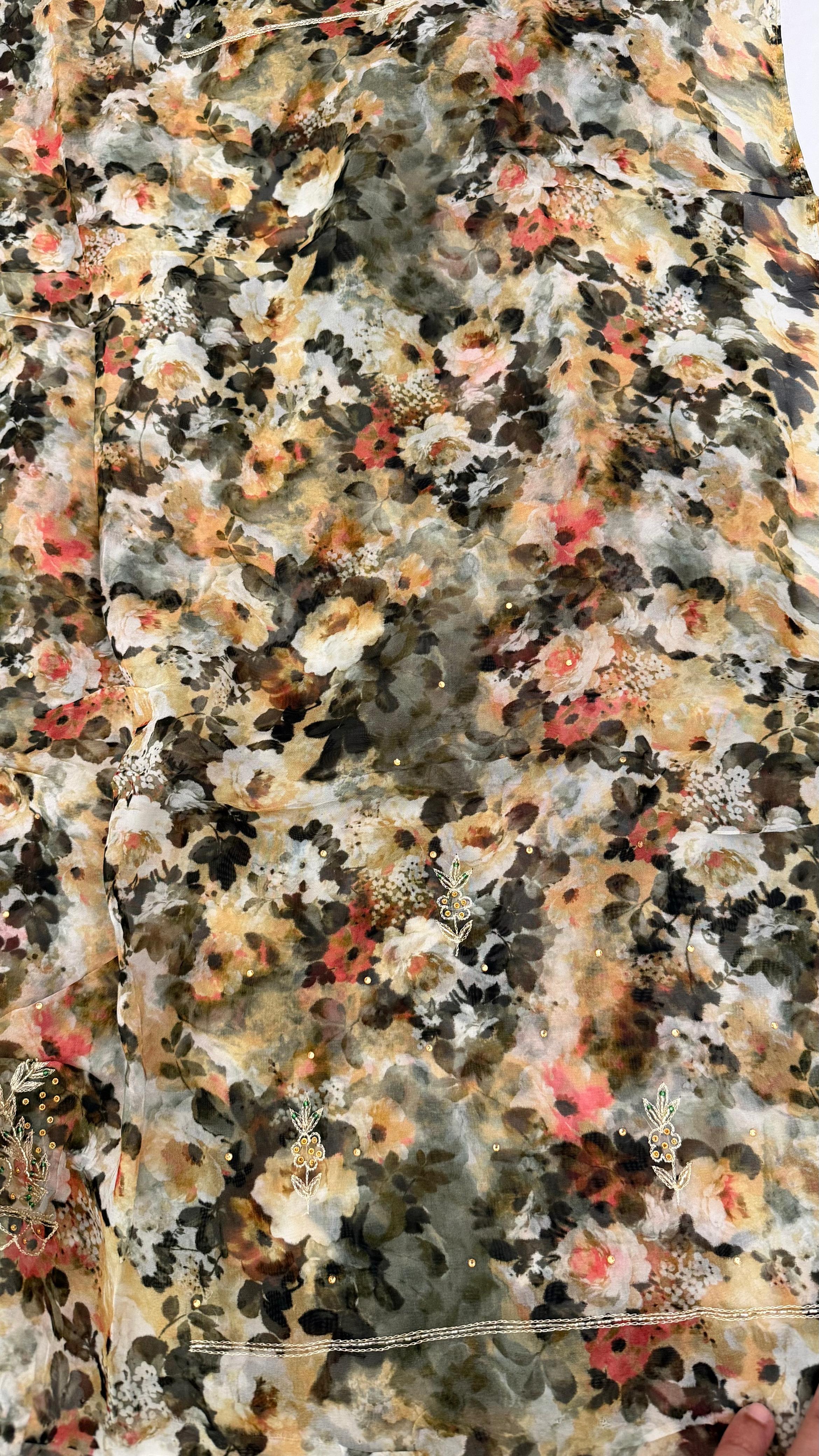 PRINTED CONTRAST SHADE SILKY ORGANZA SILK 3 PIECE SUIT