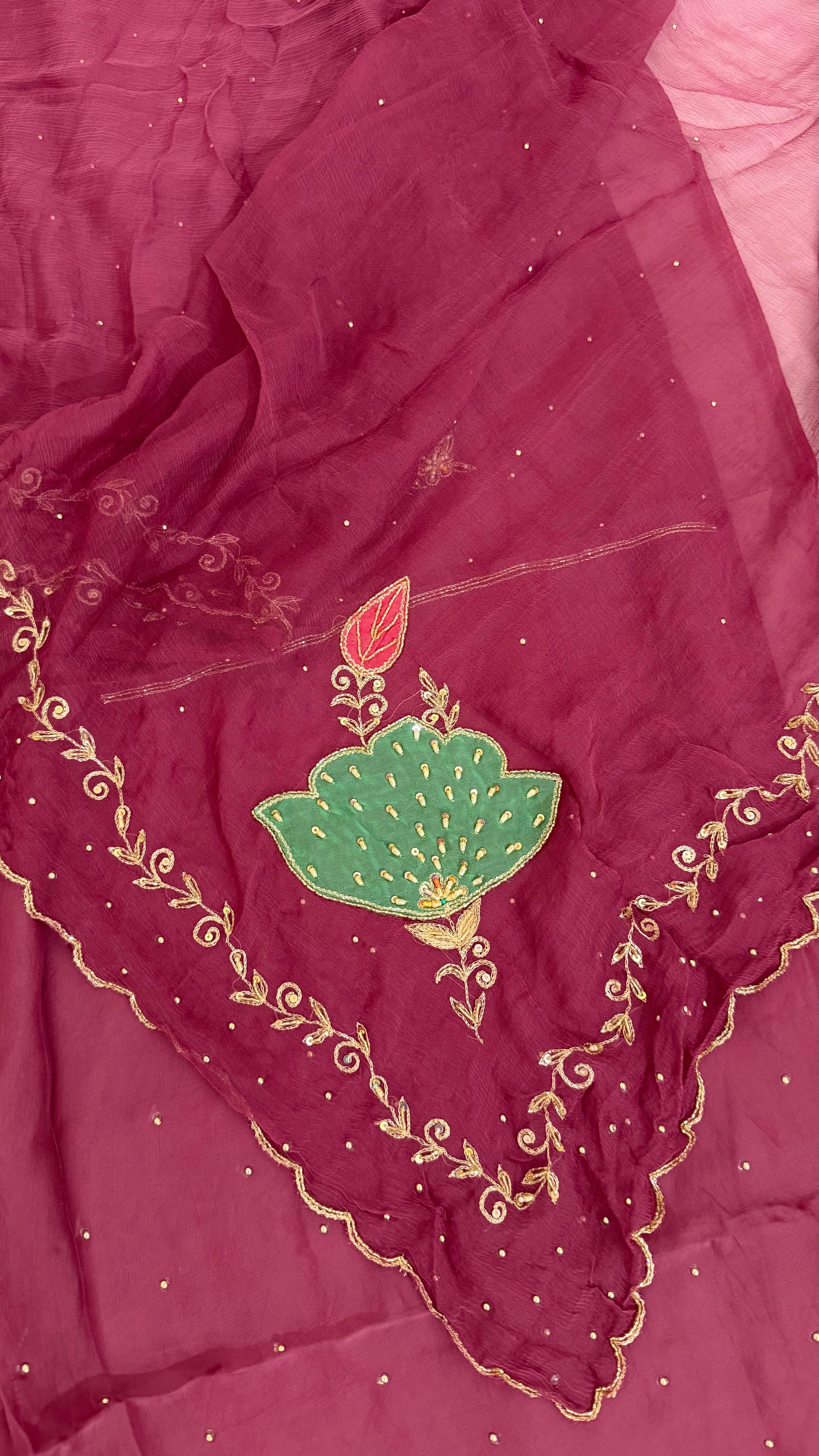 CONTRAST PATCH WORK SILKY ORGANZA SILK 3 PIECE SUIT