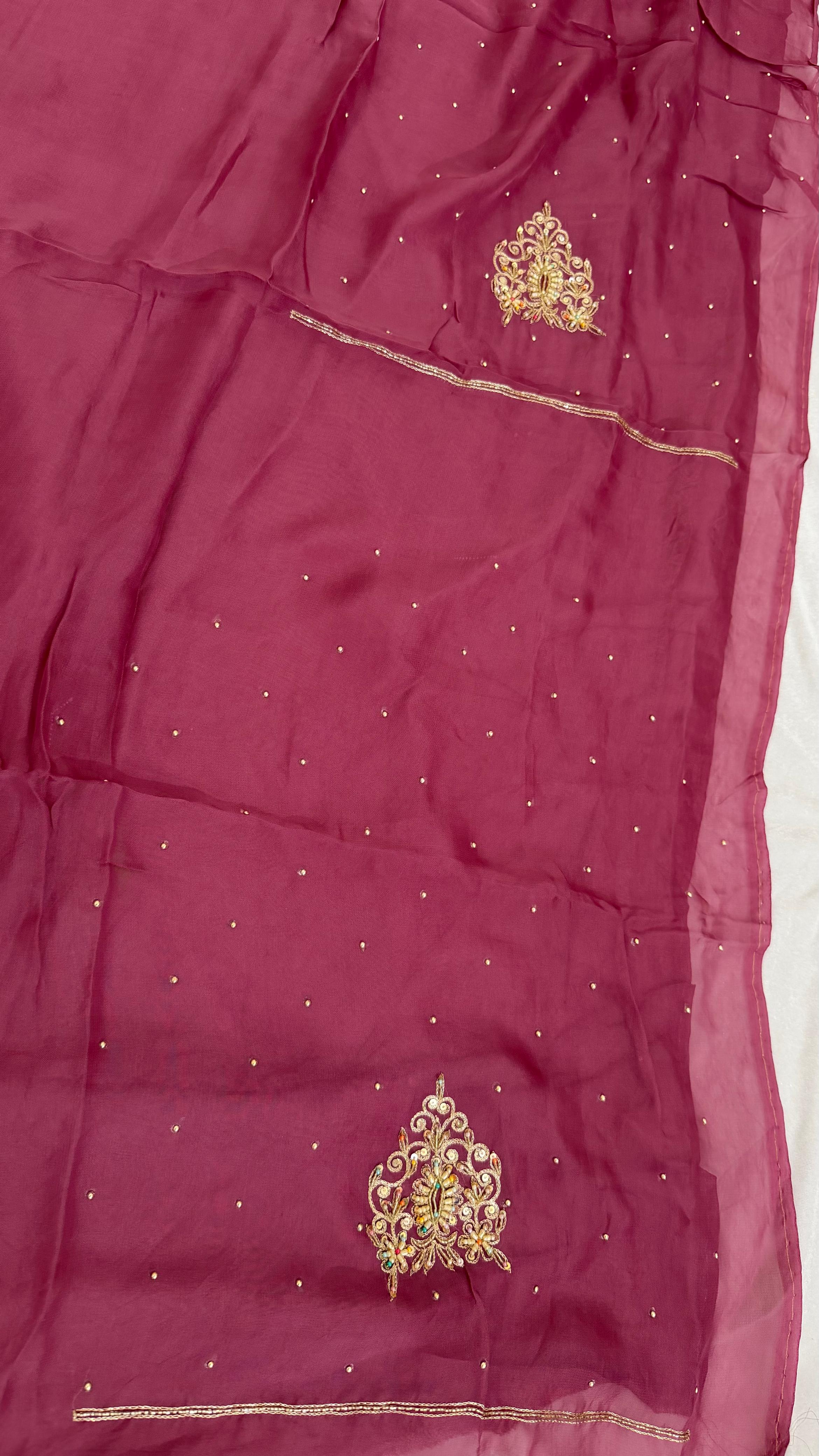 CONTRAST PATCH WORK SILKY ORGANZA SILK 3 PIECE SUIT