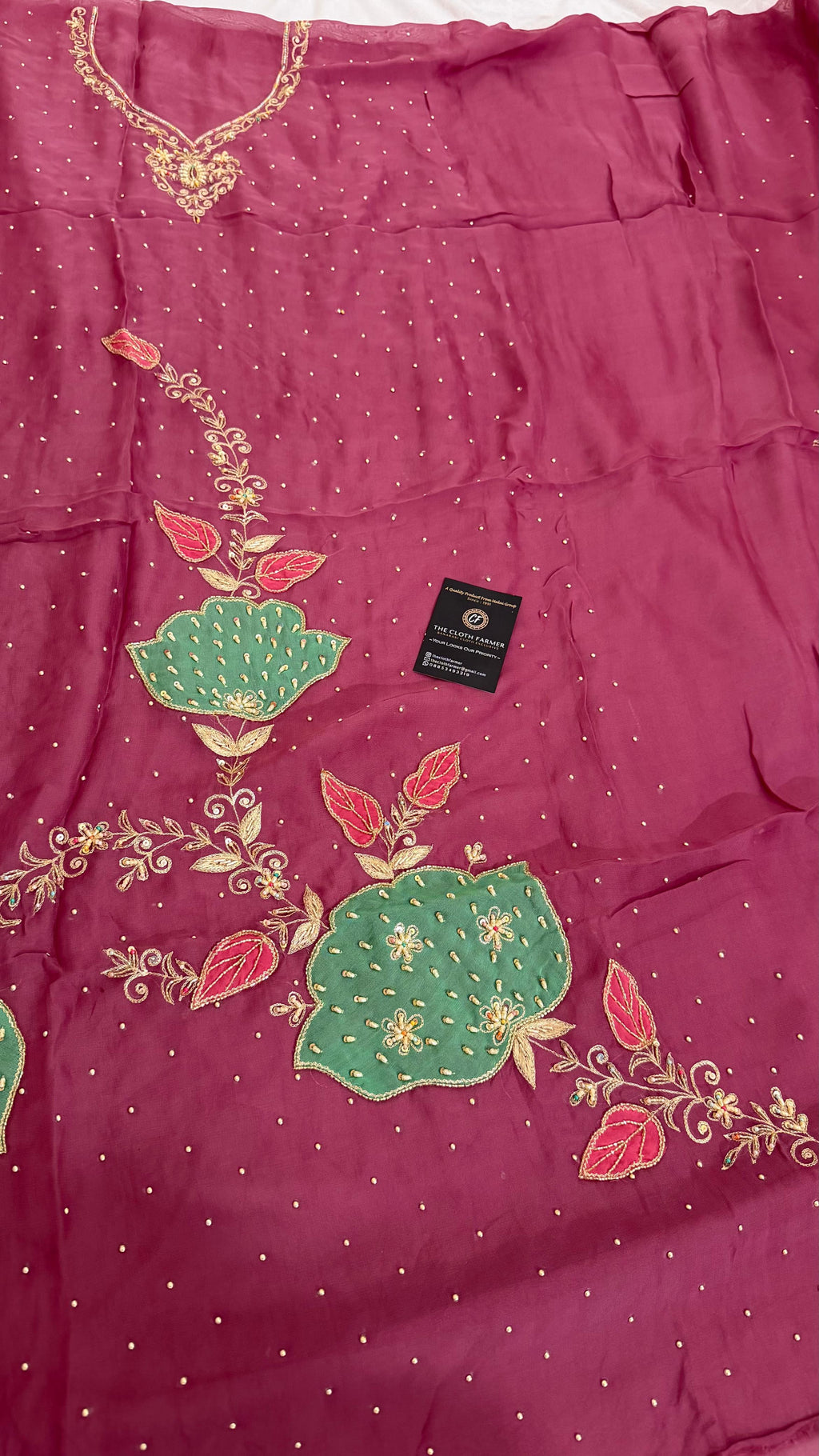 CONTRAST PATCH WORK SILKY ORGANZA SILK 3 PIECE SUIT