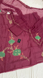 CONTRAST PATCH WORK SILKY ORGANZA SILK 3 PIECE SUIT