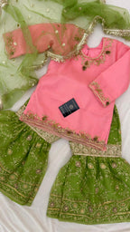 PISTA  BABY PINK ZARDOZI ZARI WORK GHARARA