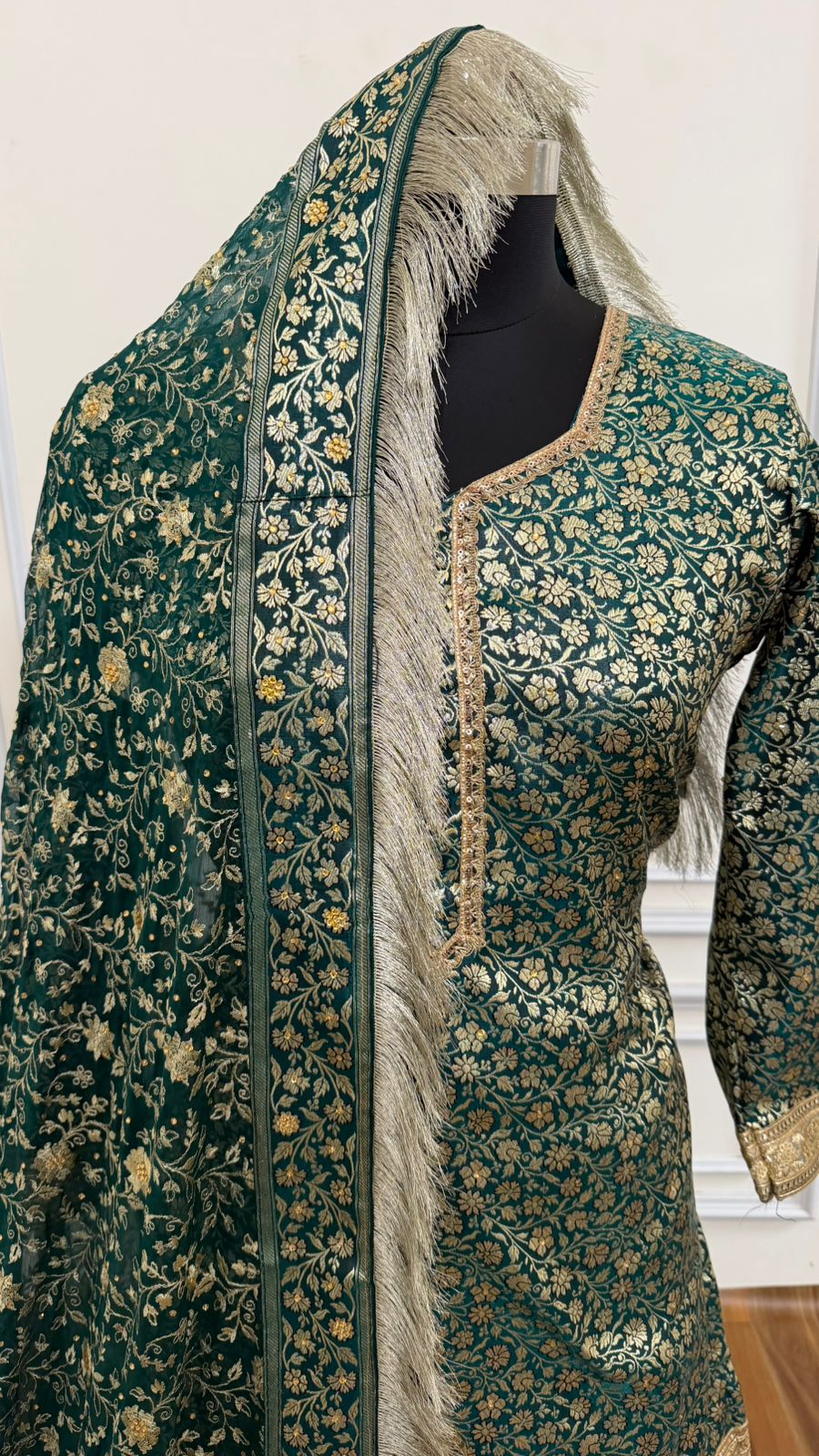 DARK RAMA GREEN BANARASI KIMKHAB GHARARA