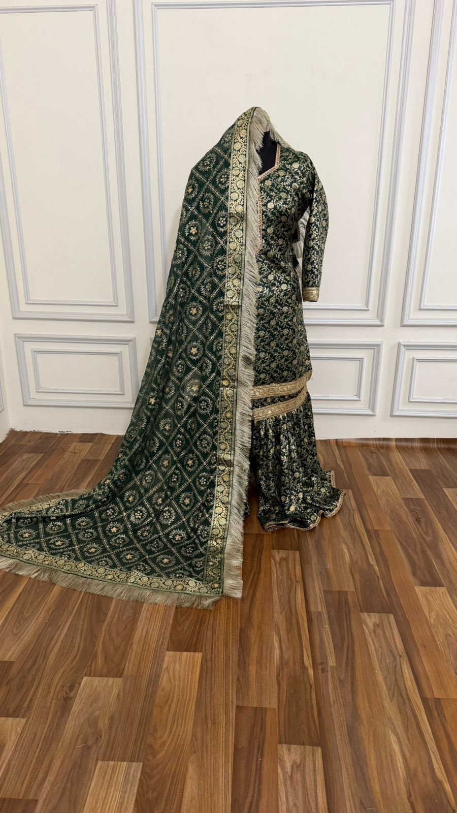 BOTTLE GREEN COLOR BANARASI KIMKHAB GHARARA