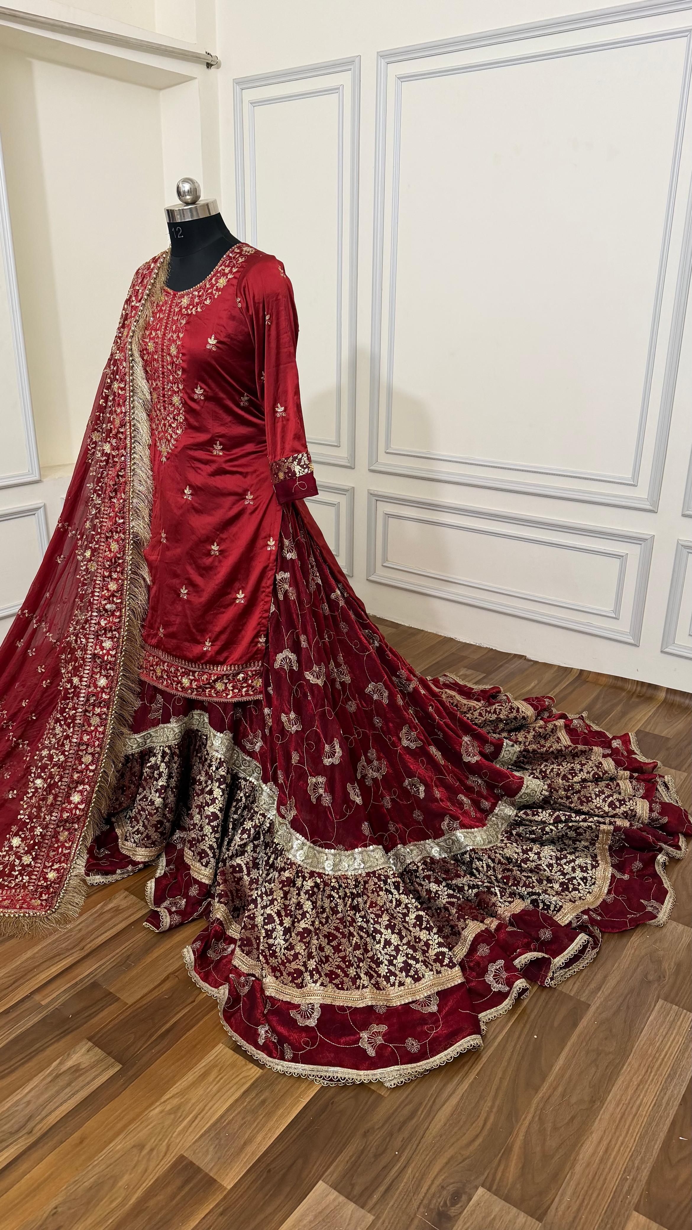 BLOOD MAROON BRIDAL FARSHI OUTFIT